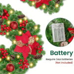 9ft Pre-Lit Christmas Garland with LED Lights – Green PVC Rattan with Red Flowers & Pine Cones - Image 4