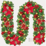 9ft Pre-Lit Christmas Garland with LED Lights – Green PVC Rattan with Red Flowers & Pine Cones - Image 2