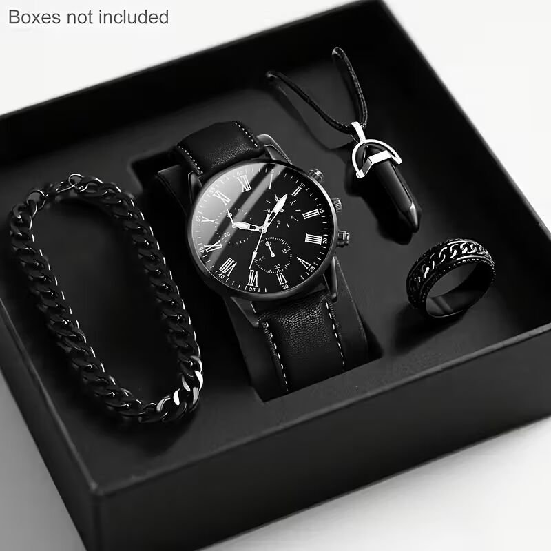 a573af8007124ab992ebdd621afe3503-goods_converted 4pcs Men’s Black Quartz Watch & Jewelry Set Bracelet, Necklace & Ring, Gift Boxed - Image 1